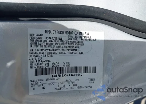 2004 Mercury Sable Ls Premium from USA, damaged, VIN 1MEFM55S24A603052